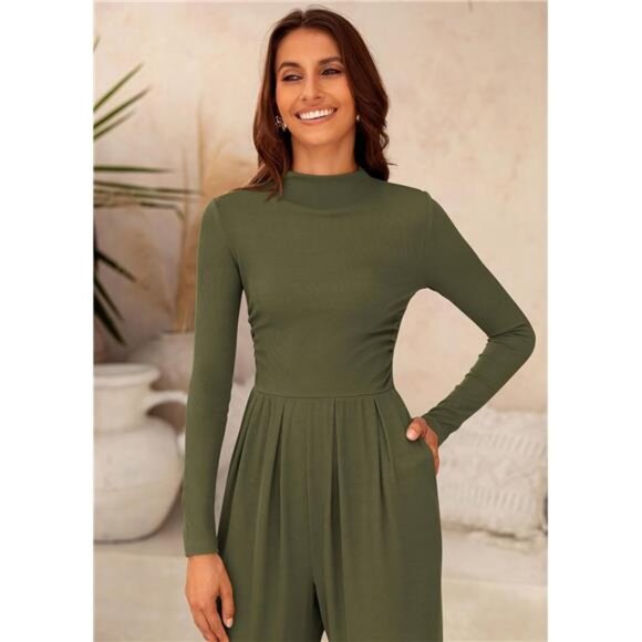 Jumpsuits Mock Neck Romper One Piece Outfits Green - Picture 5 of 6